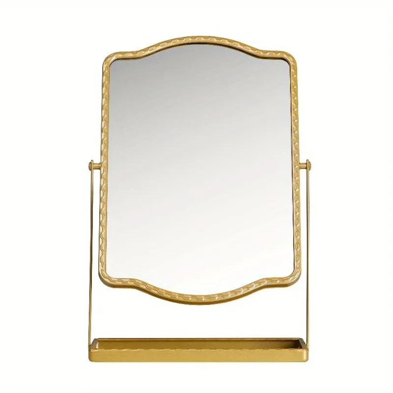 Espejo de mesa estilo dorado con almacenamiento, espejo de tocador, espejo de maquillaje, espejo de maquillaje