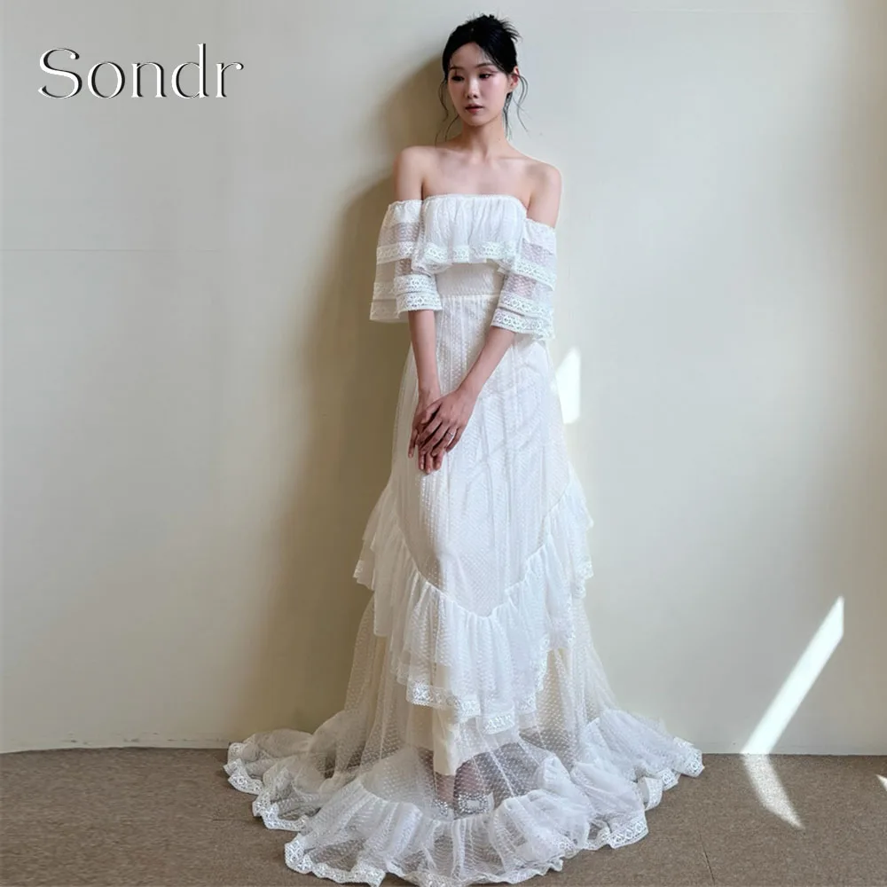 Sondr Customized Dotted Tulle Korean Wedding Dresses Boat Neck Long Bridal Gown Photography Ruffled Women Wedding Party Dresses