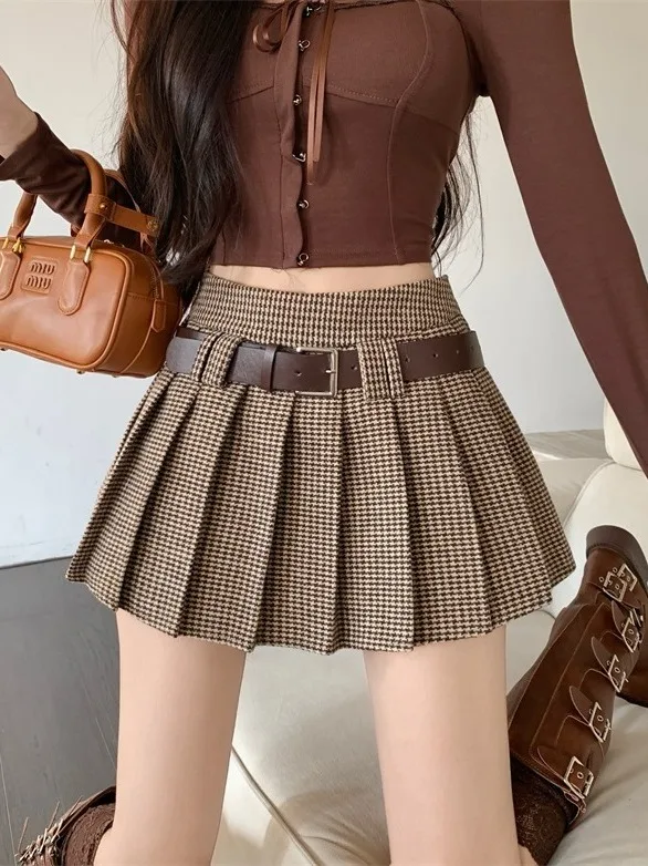 

Юбка в клетку с высокой талией и поясом. Сладкая и пряная коричневая юбка. Юбка в американском стиле ретро.