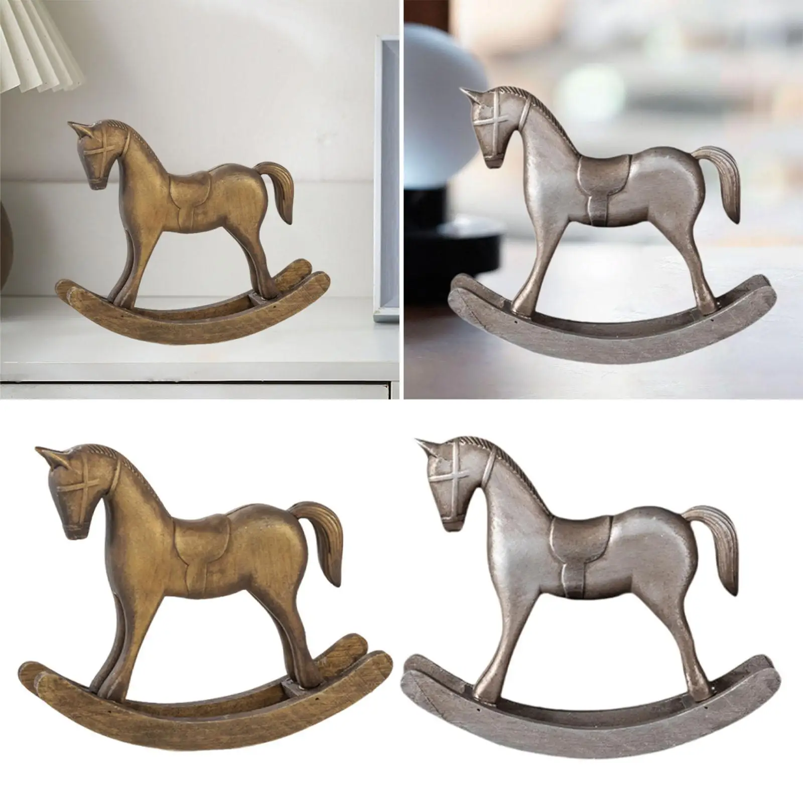 Rocking Horse Statue Wood Sculpture Vintage Design Versatile Decorative Figurine Ornament for Table Centerpiece TV Stand Gift