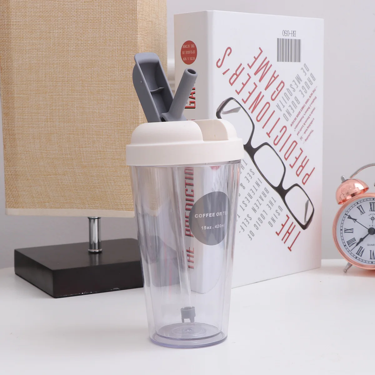 

Leak Proof Water Bottle 420ml Double Layer Plastic Cup Straw Light Grey Portable Sports Outdoor Wide Mouth