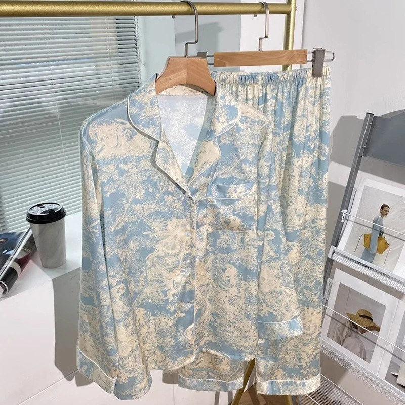 2023 Autumn New Ice Silk Women Pajama Lapel Button Cardigan Outfits for Women 2 Piece Set Fashion Printing Set Clothes for Women 6