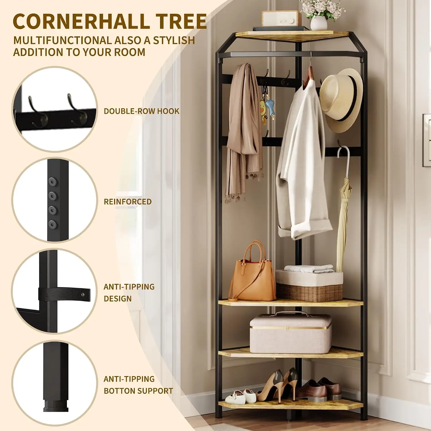 3 Tier Storage Shelves Metal Coat Rack With Shoe Bench and 12 Hooks Special Corner Storage Rack Suitable for Bedroom or Living Room Freestanding Entryway Organizer for Jackets, Hats, Shoes