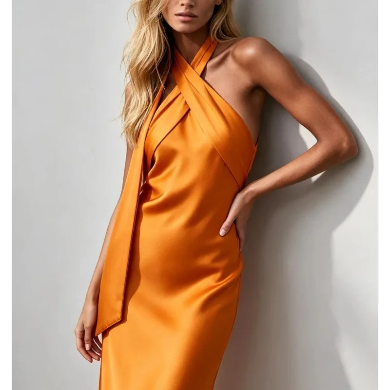 2026 Summer Women Halter Neck Midi Dress Satin Texture Tie Back Sleeveless Elegant Flowy Comfortable To Wear Date Outfit
