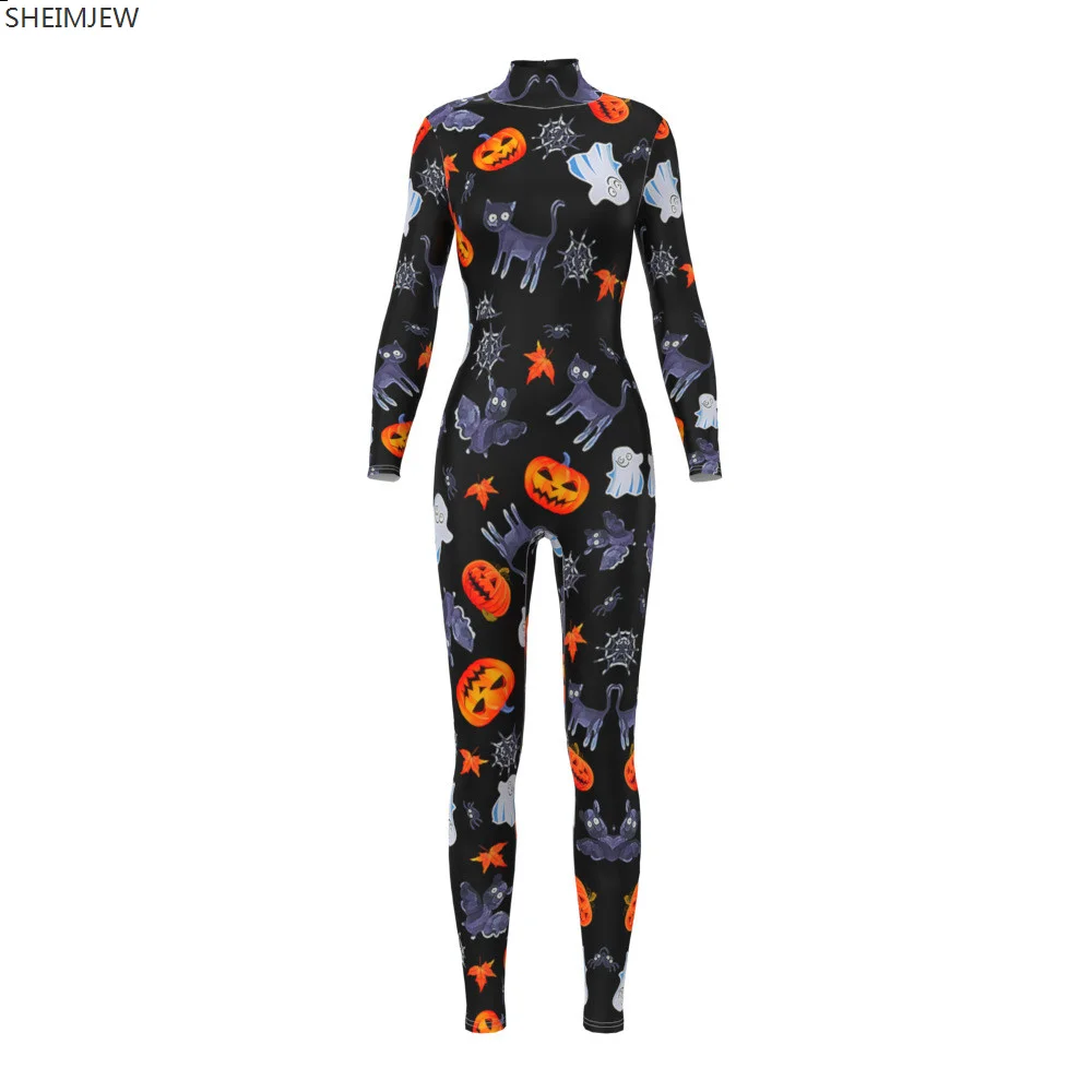 

Women Pumpkins And Cat Print Jumpsuit Halloween Day Of The Dead Party Cosplay Catsuit Adult Gothic Bodysuit Festival Rave Outfit