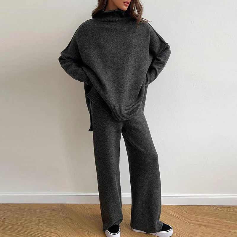 Elegant Lady Solid Color Commute Outfits Autumn Winter New Crochet Set Fashion O-neck Long Sleeve Knitted Sweater and Pants Sets