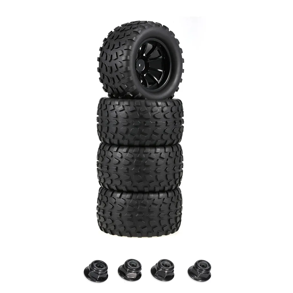 4pcs 125mm Rubber 1/10 RC Monster Truck Tires and Wheel Rims 12mm Hex With Nylon 4mm Lock Nuts For Trxs Himoto HSP HPI Redcat