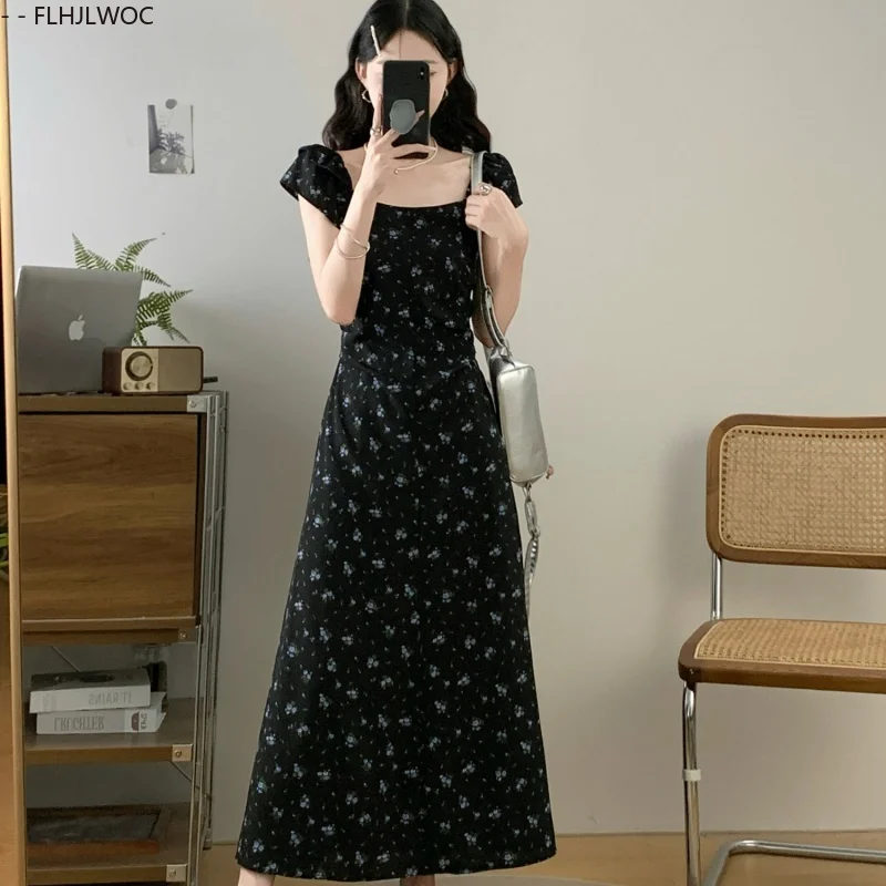 Shirring Slim Waist A Line Long Dresses New Fashion Women Short Sleeve Holiday Date Japan Girls Floral Print Retro Vintage Dress
