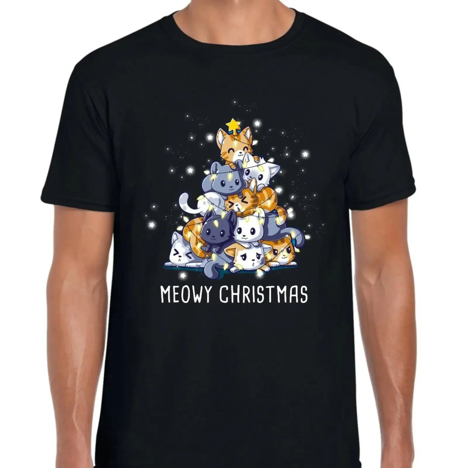 Meowy Weihnachten T Shirt lustiger Katzenbaum Haustier Weihnachtstag Kätzchen Santa Top vintage Washed Soft Unisex streetwear