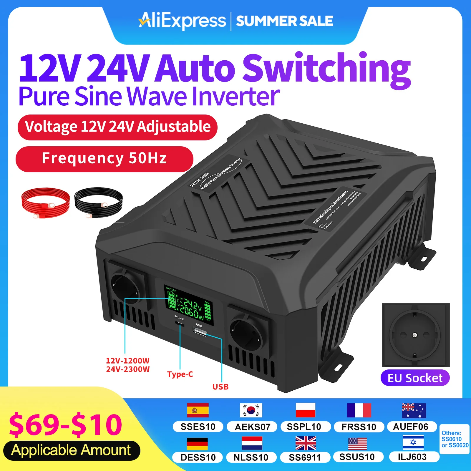 DATOU BOSS Pure Sine Wave Inverter 12v 24v 1200w 2300w Two Voltages Support dc ac Inverter 12v to 220v EU Peak Power 4000W