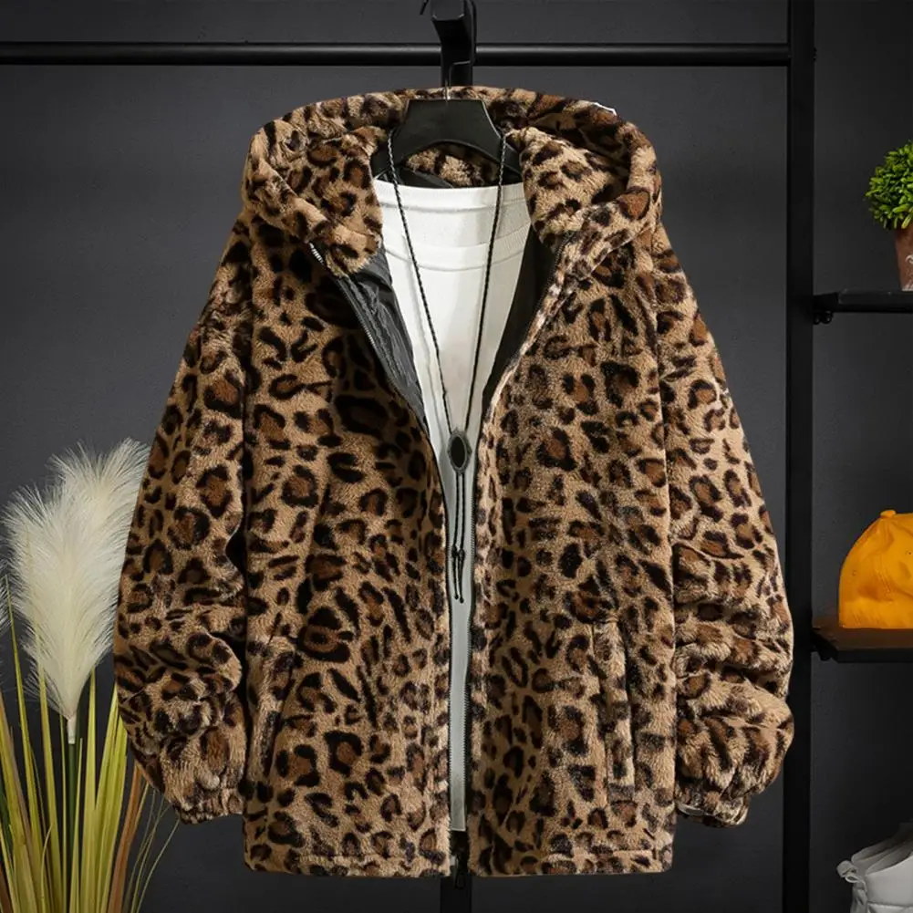 Men Plush Coat Leopard Print Cotton-padded Men Jacket Hoodie Winter Overcoat Thickened Double-sided Plush Hooded Outerwear