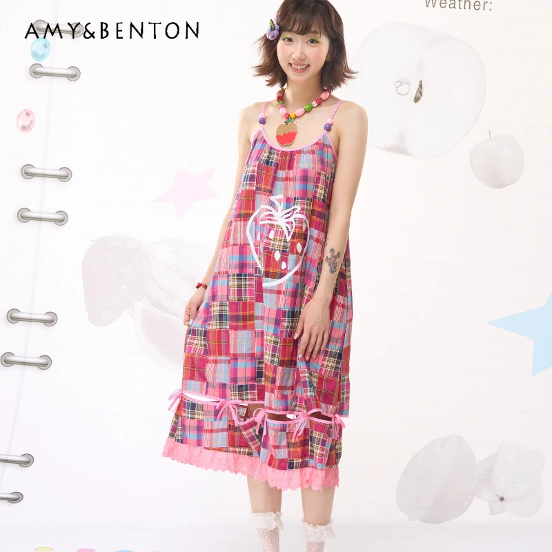 

Japanese Sweet Plaid Splicing Women's Sling Dress Original Design Summer New Cute Kawaii Age-reducing Sleeveless Dresses Ladies
