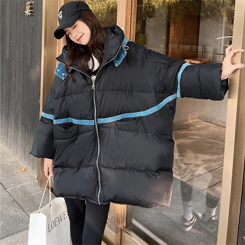 Oversize Black Cotton Coat Women Winter Jacket Pocket Fashion Denim Spliced Loose Hooded Down Jackets Thick Warm Parkas Female