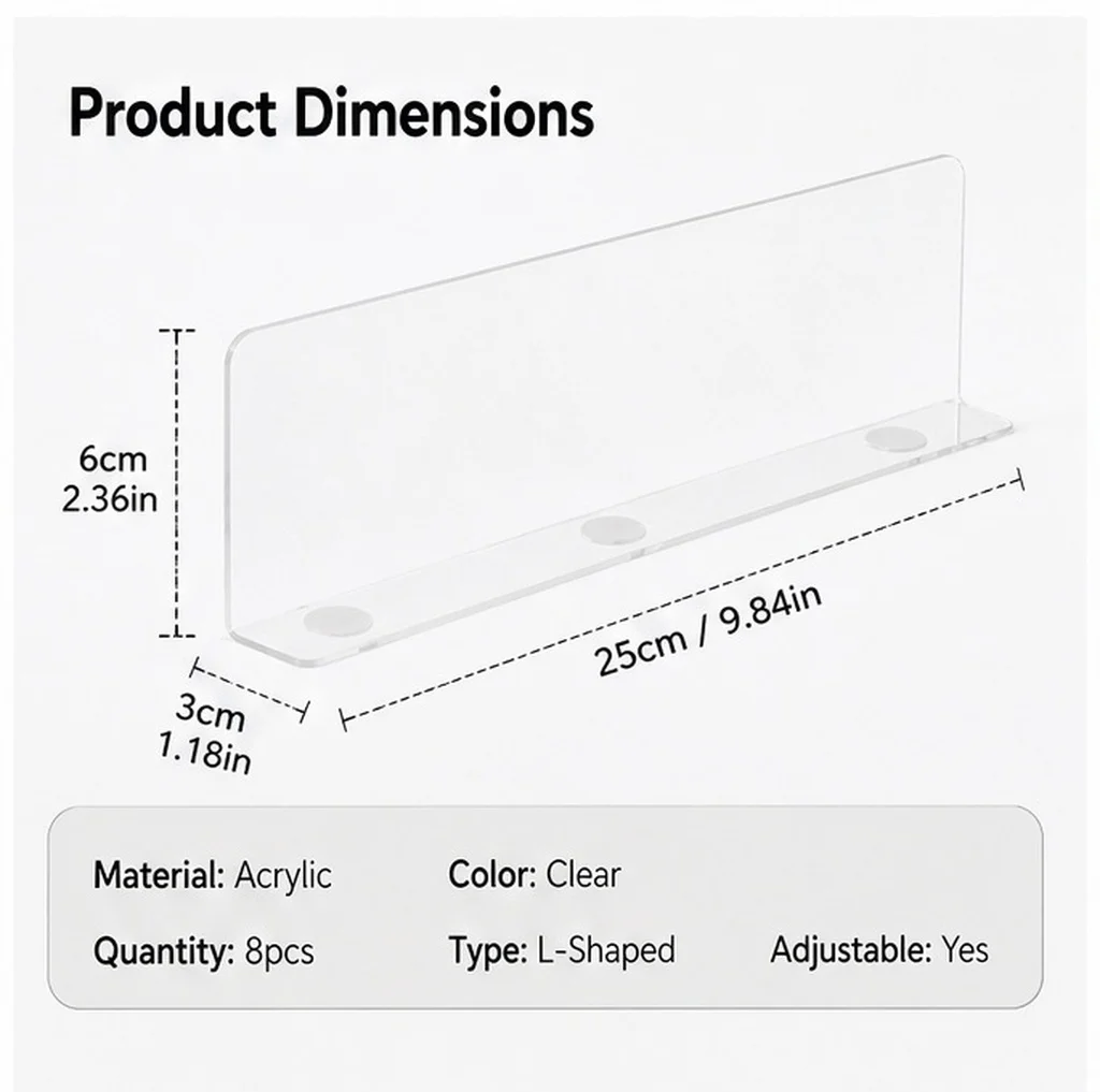 8Pcs Sturdy Acrylic Shelf Dividers Clear Closet Organizer Adjustable Space Saving Separators for Sweaters Towels Shoes Purses