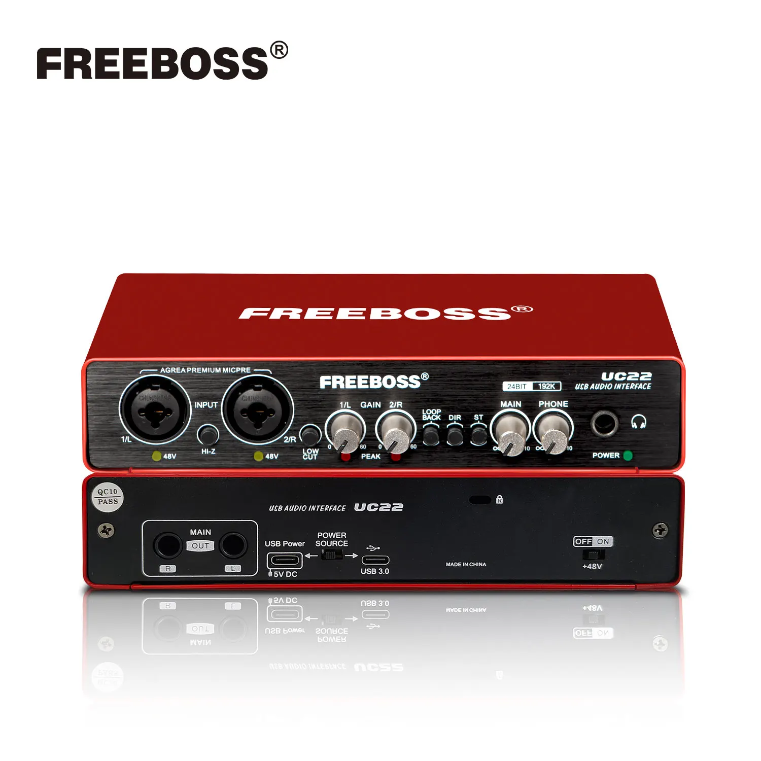 

FREEBOSS Audio Interface Professional 192KHz Recording Loopback Hi-z Guitar USB DC 5V External Sound Card 48V Phantom Power UC22