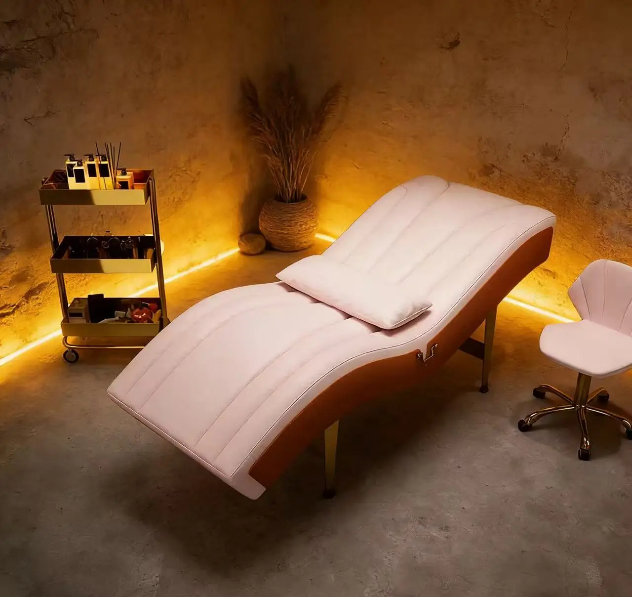 &c Hot Sale Modern Beauty Salon Gold Metal Curved Massage Table Luxury pink Curved Lash Bed for Sale