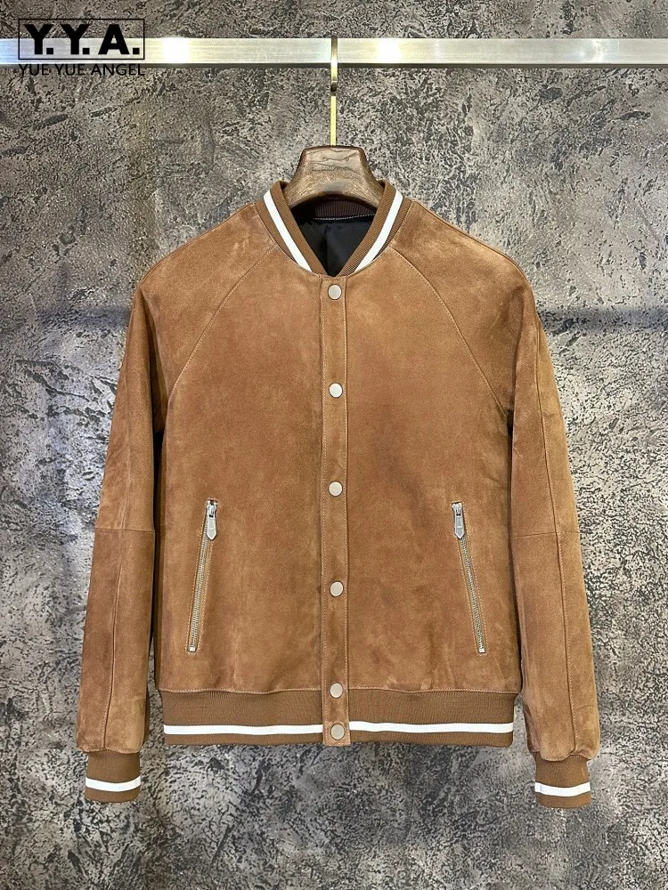 

New Designer Luxury Mens Real Suede Leather Jacket Slim Fit Single Breasted Business Work Casual Bomber Jacket Motorcycle Coat