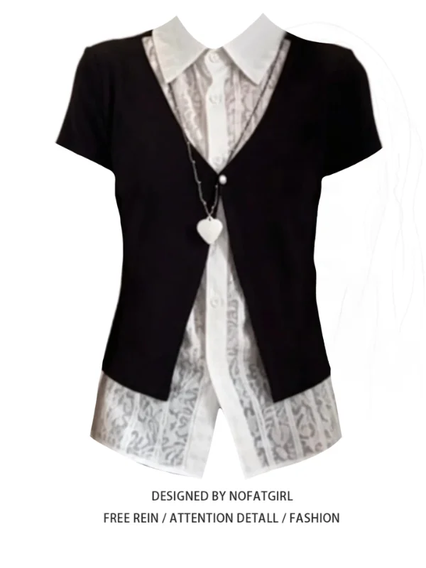 

plus Size Women's Korean Style Lace Splice Short Sleeve T-Shirt Summer Unique Beautiful Top Commute Style Loose Fit Collar
