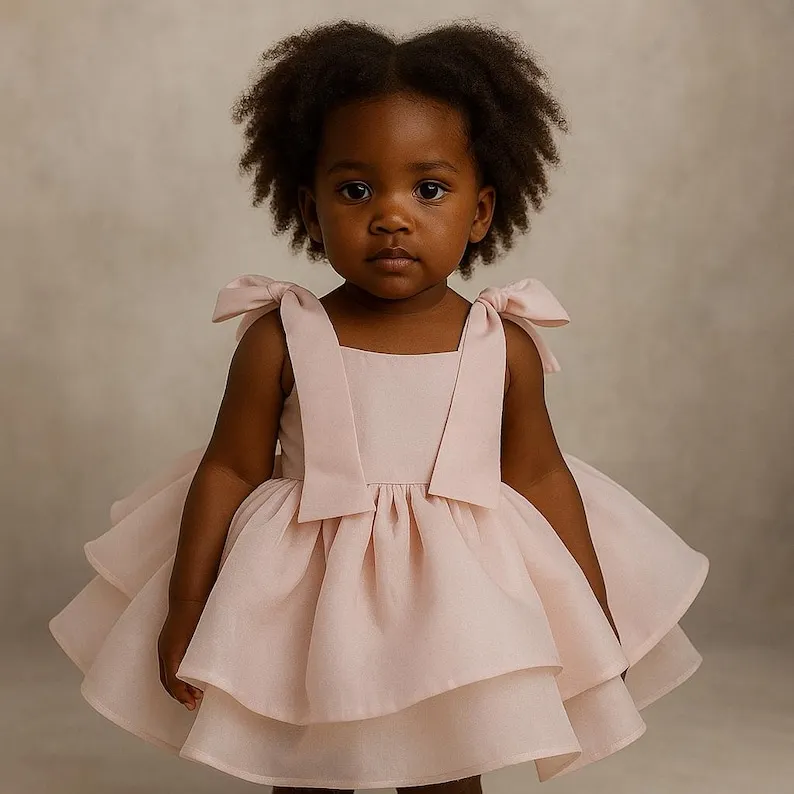 Flower Girls Dress Handmade Powder Pink Tulle Dress: Toddler Party Outfit with Chiffon Bows, Gift for Doughter for Wedding Party