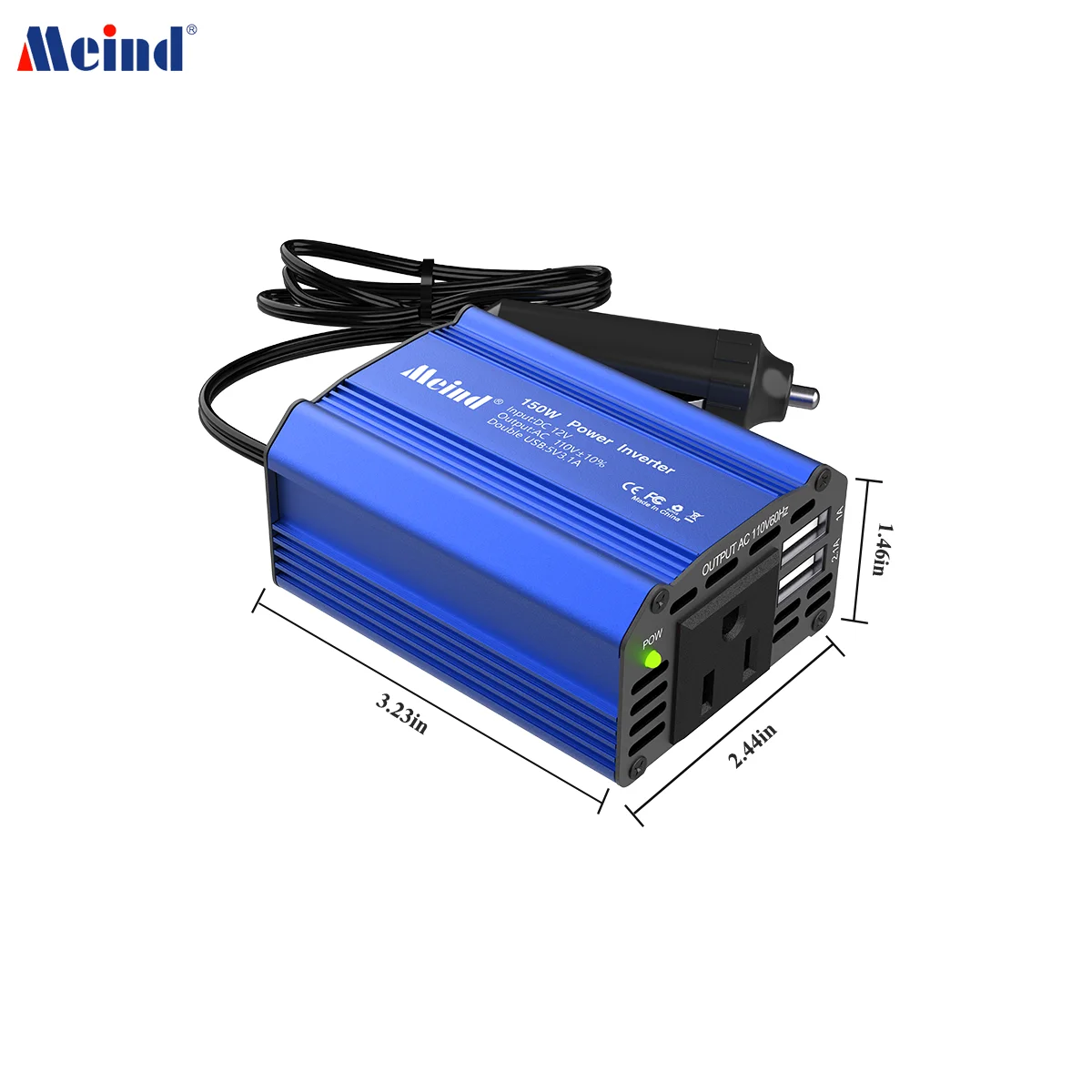 Meind 150w portable mini power inverter 12v to 110v with US socket and dual USB ports for car