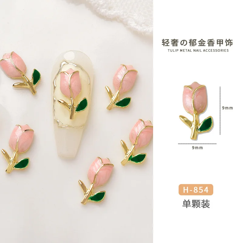 10Pcs/bag Metal Pink Tulips Nail Art Luxe Charms 3D Flower Jewelry Kawaii Korean Manicure Decoration Nail Parts Supplies JS48-10