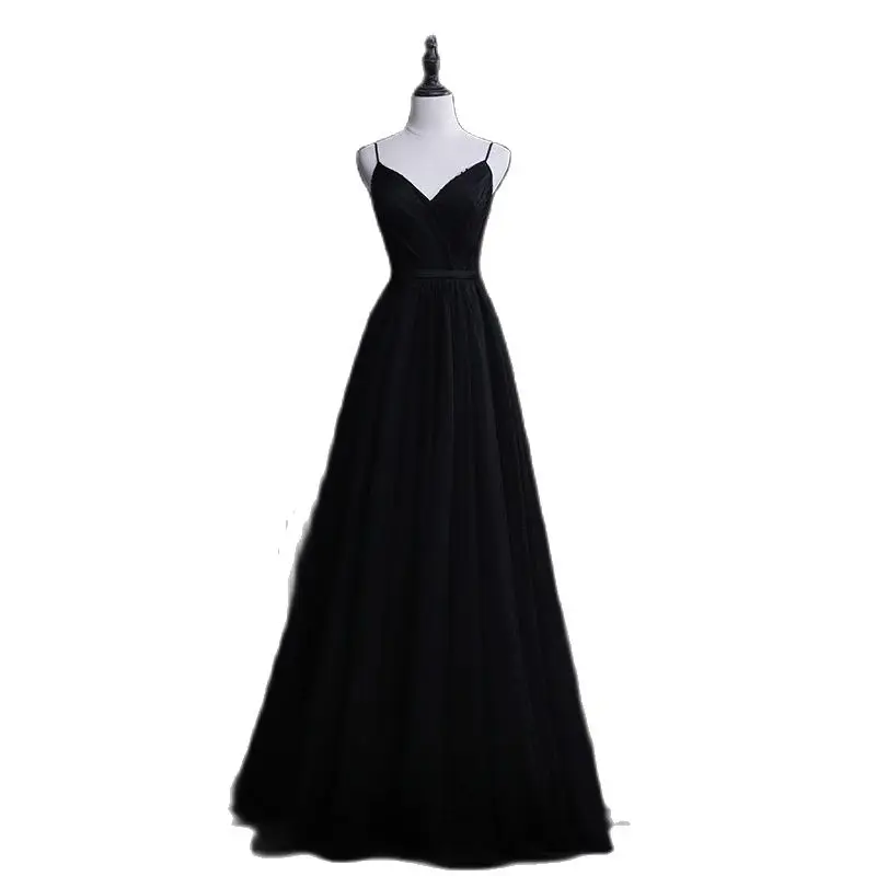 Sweet Memory S155 Long Black Evening Dress Fashion V-neck Open Back Strap Prom Cocktail Party Dress Sexy Banquet Mesh Tulle Gown