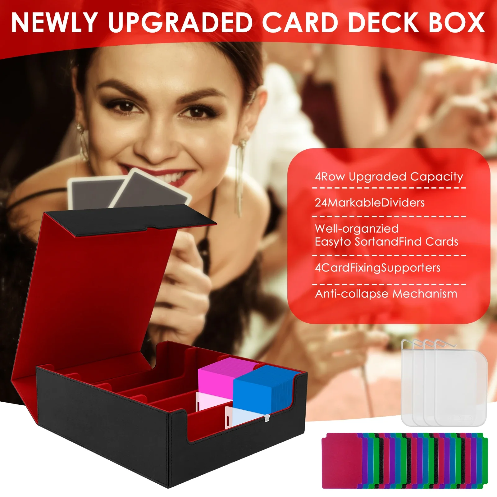 Trading Cards Storage Box PU Leather Commander Card Deck Case 4 Rows Magnetic Closure Card Holder Fits for Magic Game Cards