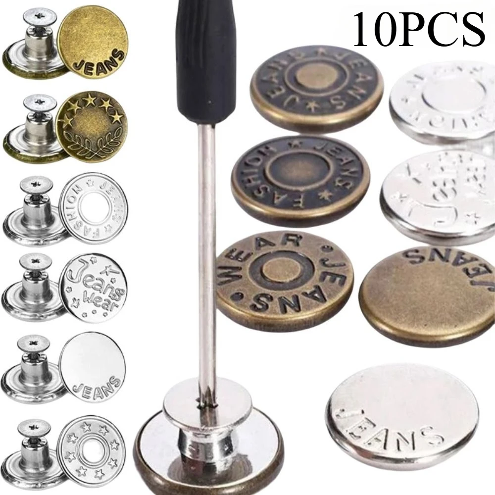 

10PCS/Pack 17mm Jeans Waist Buttons Adjustable Nail Free Waist Extenders Buttons Detachable Clothing Buckle with Screwdriver