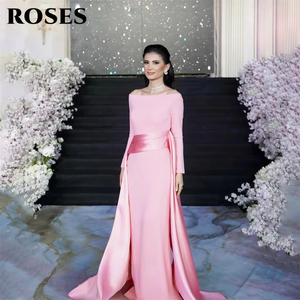 

ROSES Pink Satin Prom Dresses Off Shoulder Long Sleeve Gala Dresses Mermaid Train Saudi Arabic Evening Party Gown Customized