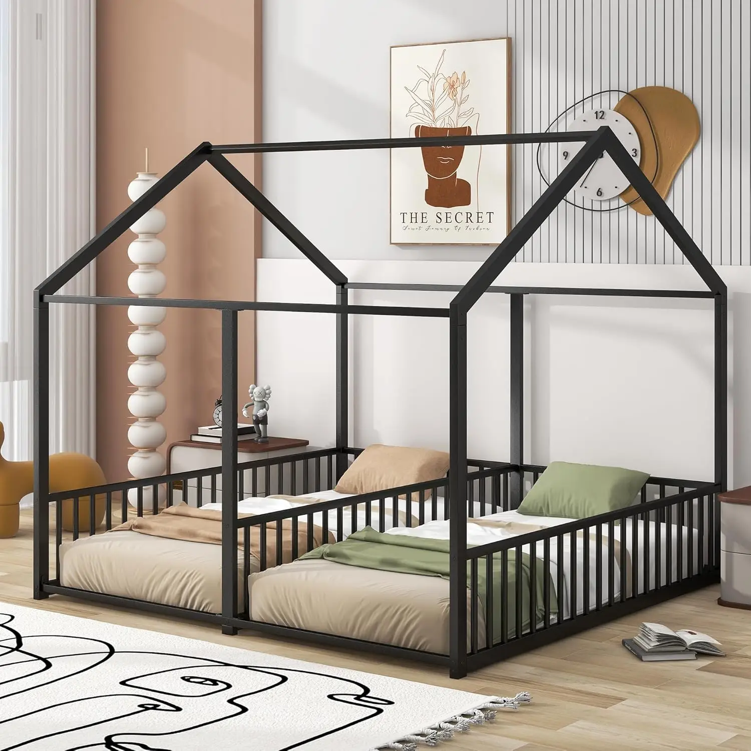 DNYN Twin Size Double Montessori Floor Bed with Roof and Fence Deisgn for Kids Bedroom,Sturdy Steel House Shaped Floor Bedframe,