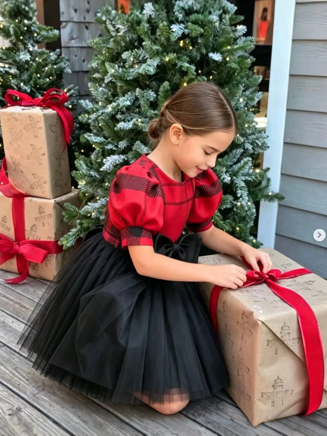Custom Luxury Dress Wedding Guest Flower Girl Gown Birthday Party Pageant Runway Puff Sleeve Plaid Big Bow Tulle Kids Short Gown
