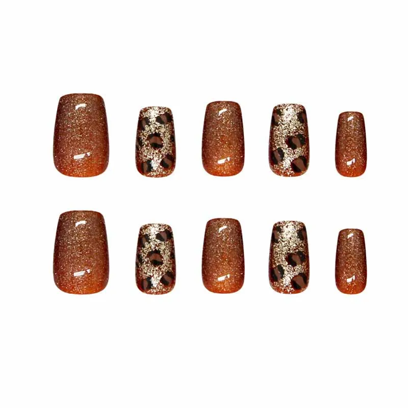 Faux ongles haut de gamme pour femmes, couleur Caramel, motif léopard fin et brillant, yeux de chat, à pression, assortis avec tout, couverture complète, 10 pièces