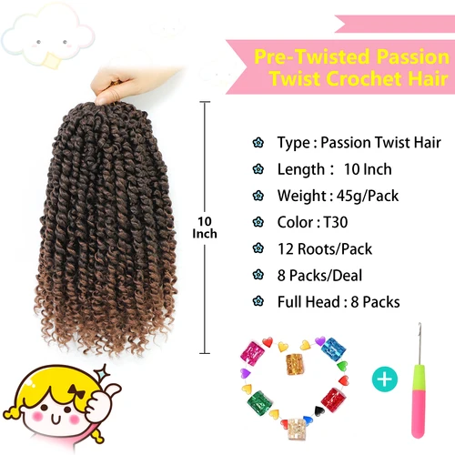Imagen 2 del producto 8 paquetes de cabello sintético Passion Twist, cabello de ganchillo Passion Twist para mujeres negras, cabello trenzado de ganchillo prelooped con extremos rizados