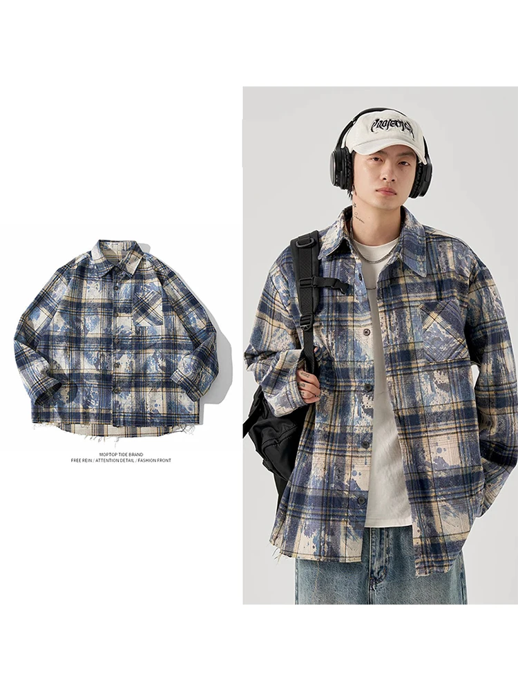 

Свободный мужской и женский клетчатый открытый кардиган, пальто Mr. WH, эксклюзивный дизайн, диффузия чернил воды, модный потертый