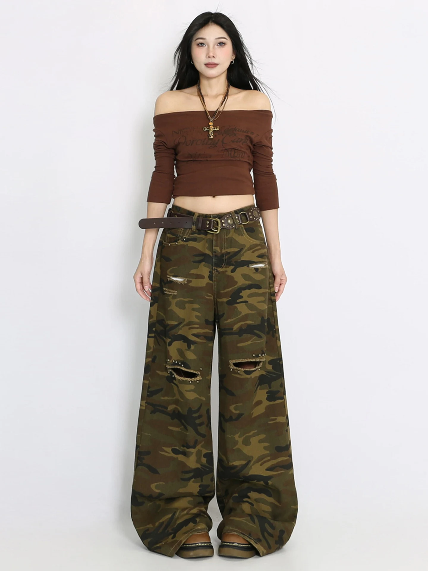 

Retro Waed Denim Pants High Waist Loose Straight Leg Floor Length Women's Summer New Sle Casual Camouflage Hole Jeans
