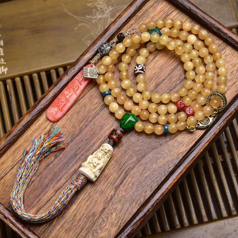 Tibetan Sheep Horn 108 Beads Multi-Circle Bracelet Backflow Bone Root Red Accessories Vintage Necklace