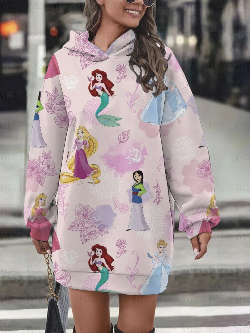 Autumn and Winter Disney Princess Family Portrait Print Women\'s Long Sleeve Pullover Hoodie Dress Elegant Party Birthday Gift