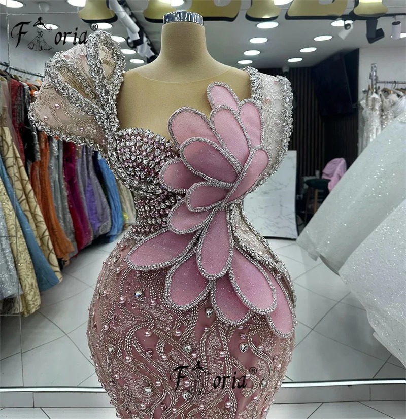 Charm Beaded Crystal Evening Dress Pink 3D Floral Appliques Celebrity Party Dress Long Prom Gown Luxury Gala Dresses Women 2024