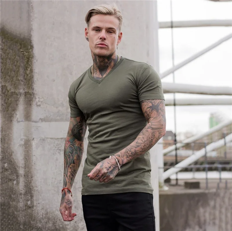 Gym T-shirt Men Fashion V Neck Short Sleeve Sports Tee Shirt Bodybuilding Fitness Workout Summer Breathable Cotton Clothing — zdjęcie 7