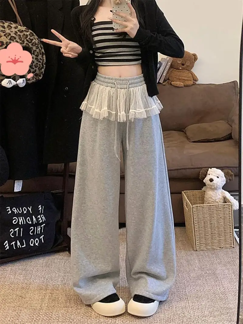 كسول الرياح السراويل النسائية نموذج جديد الدانتيل لينة الدنيم عارضة لصق الترفيه الشتاء عالية الخصر الرباط مزاجه السراويل فضفاضة