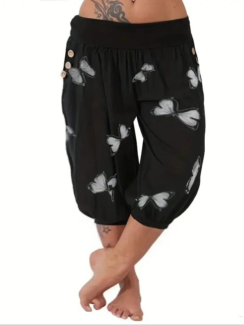Plus Size 1XL-8XL Butterfly Capri Pants Comfy Stretch Waistband Oddychająca, łatwa w pielęgnacji mieszanka poliestru