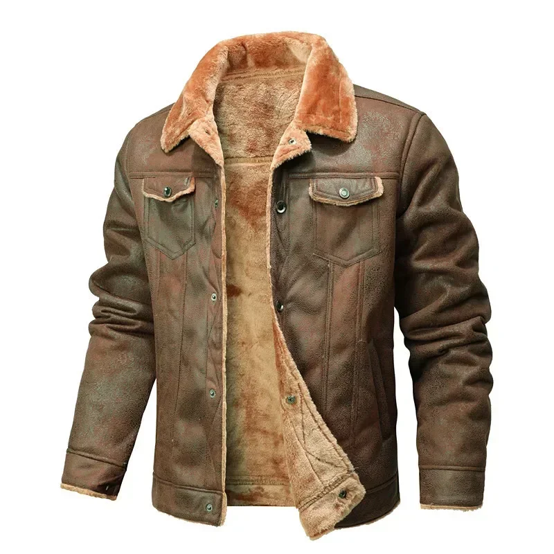 Winter Men\'s Suede Leather Coat High Quality Thick Fleece Warm Leather Jacket Fashion Turn Down Collar Male Loose Casual Coats