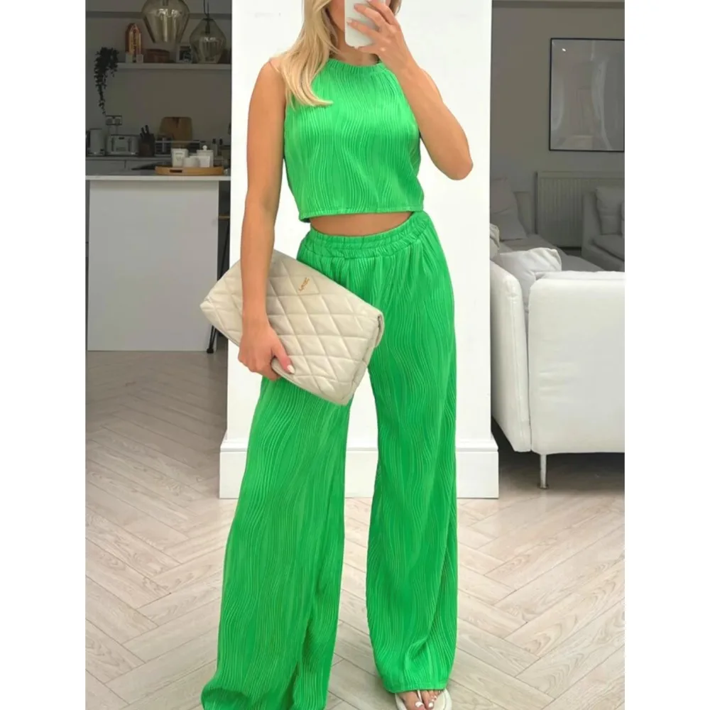 Slim Crop Top And Trousers Two Piece Set For Women 2024 Summer Solid Color Round Neck Tank Top Straight Tube Pants Suits Outfits