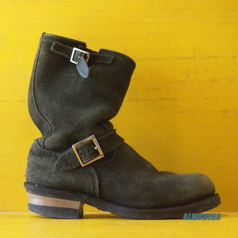 Dark Green Suede Leather Men's Engineer Boots Round Toe Buckle Strap Low Heel Retro Casual Urban Work Outdoor Daily Shoes