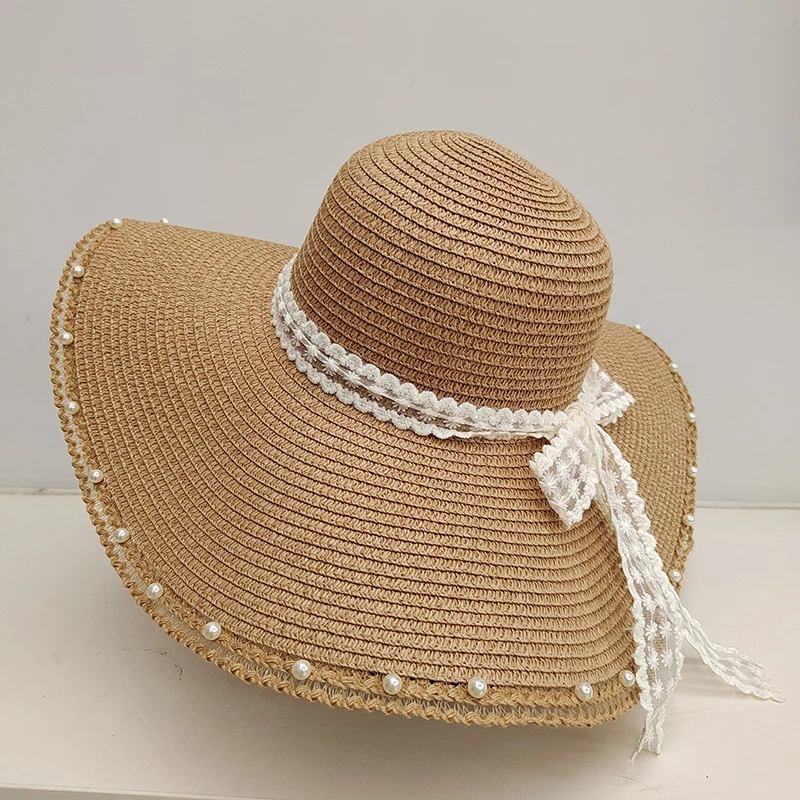 Straw Hat Nail Bead Bow Design Wide Brimmed Sun Hat 2025 Summer New Beach Vacation Sun Protection Beach Hat Sombreros MAXSITI U