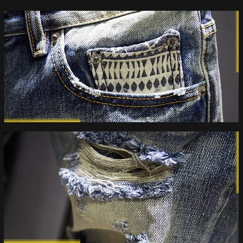 2025 صيف جديد موضة الاتجاه مستقيم الساق خمر ممزق الدينيم السراويل الرجال عادية فضفاض الرياضة عالية الجودة حجم كبير السراويل #5