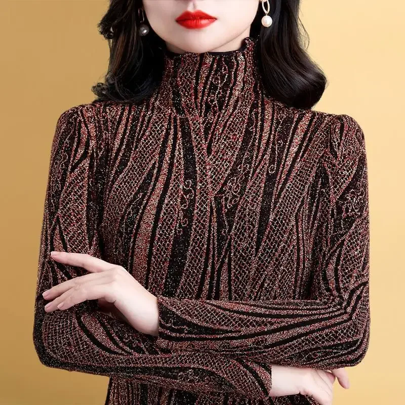 

Long Sleeved Base Shirt Women's Temperament Top Velvet Leopard Print High Neck Base Shirt Women's