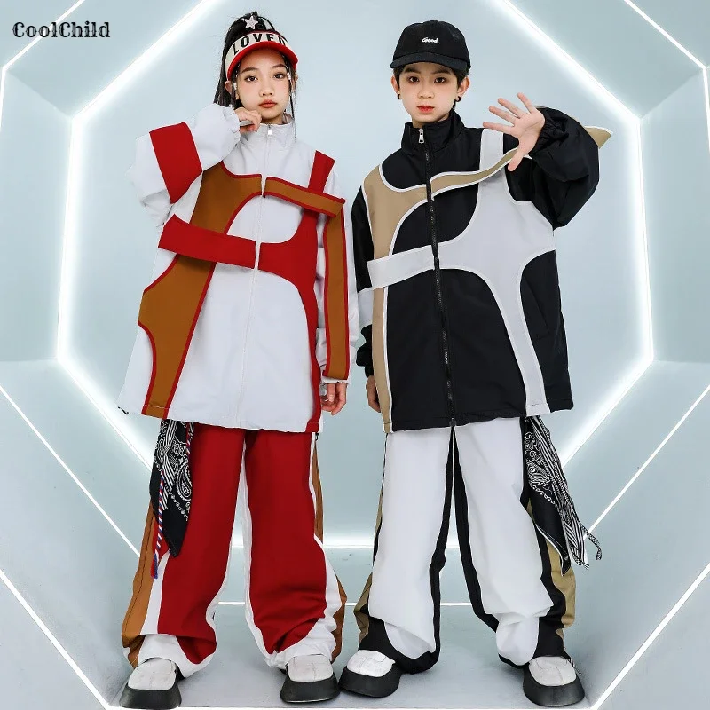 Boys Hip Hop Contrast Loose Coat Cargo Pants Girls Sports Jacket Sweatpants Kids Jazz Clothes Sets Children Streetwear Tracksuit