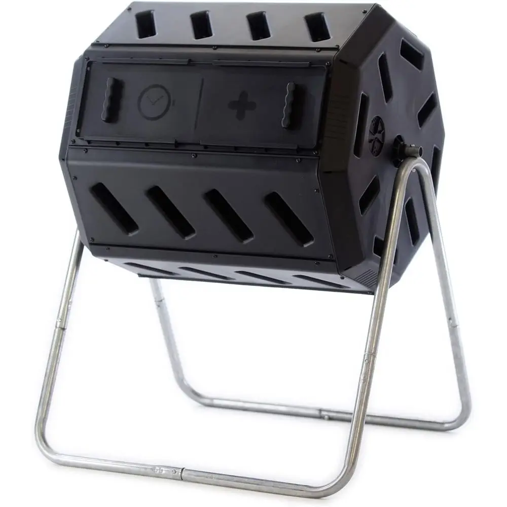 Heavy Duty 37 Gallon 8 Sided Steel Portable Plastic Dual Chamber Tumbling Composter Outdoor Elevated Rotating Garden Compost Bin