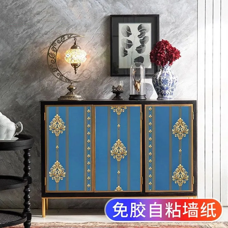 Blue 3D European Damascus Self Adhesive Striped Wallpaper Luxury Living Room Bedroom Home Decoration Wall Stickers